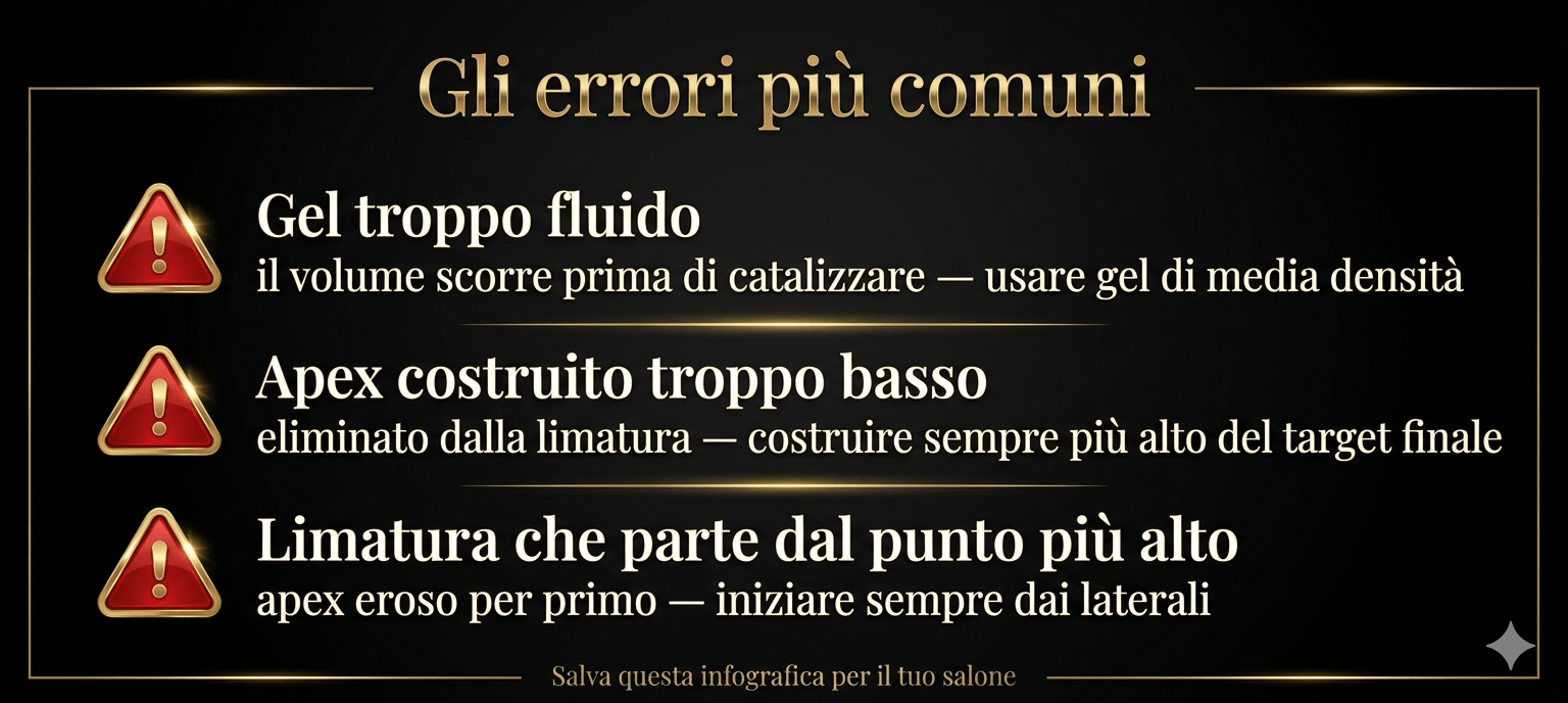 Infografica sugli errori più comuni che fanno scomparire l'apex dopo la limatura: gel troppo fluido, volume insufficiente, sequenza di rifinitura sbagliata.